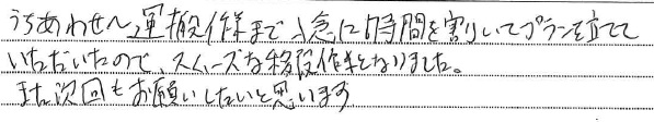 うちあわせ~運搬作業まで入念に時間を割いてプランを立てて
いただいたのでスムーズな移設作業となりました。
また次回もお願いしたと思います